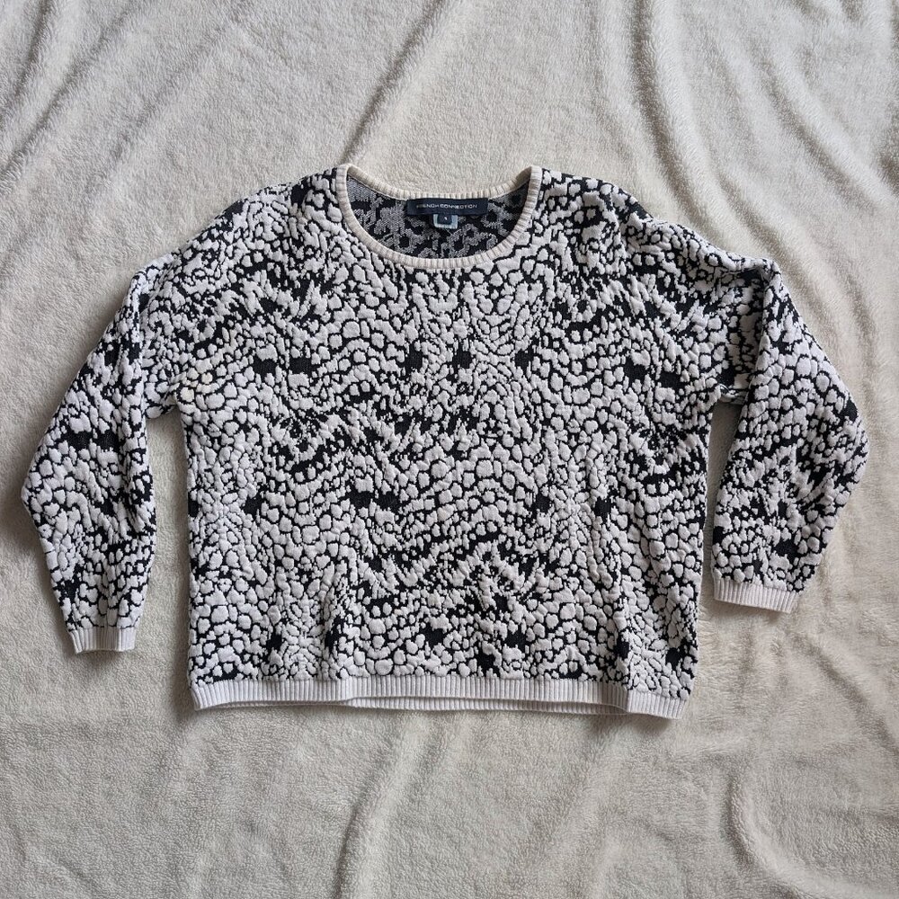 French Connection Black & White Quilted Textured Pullover Sweater S